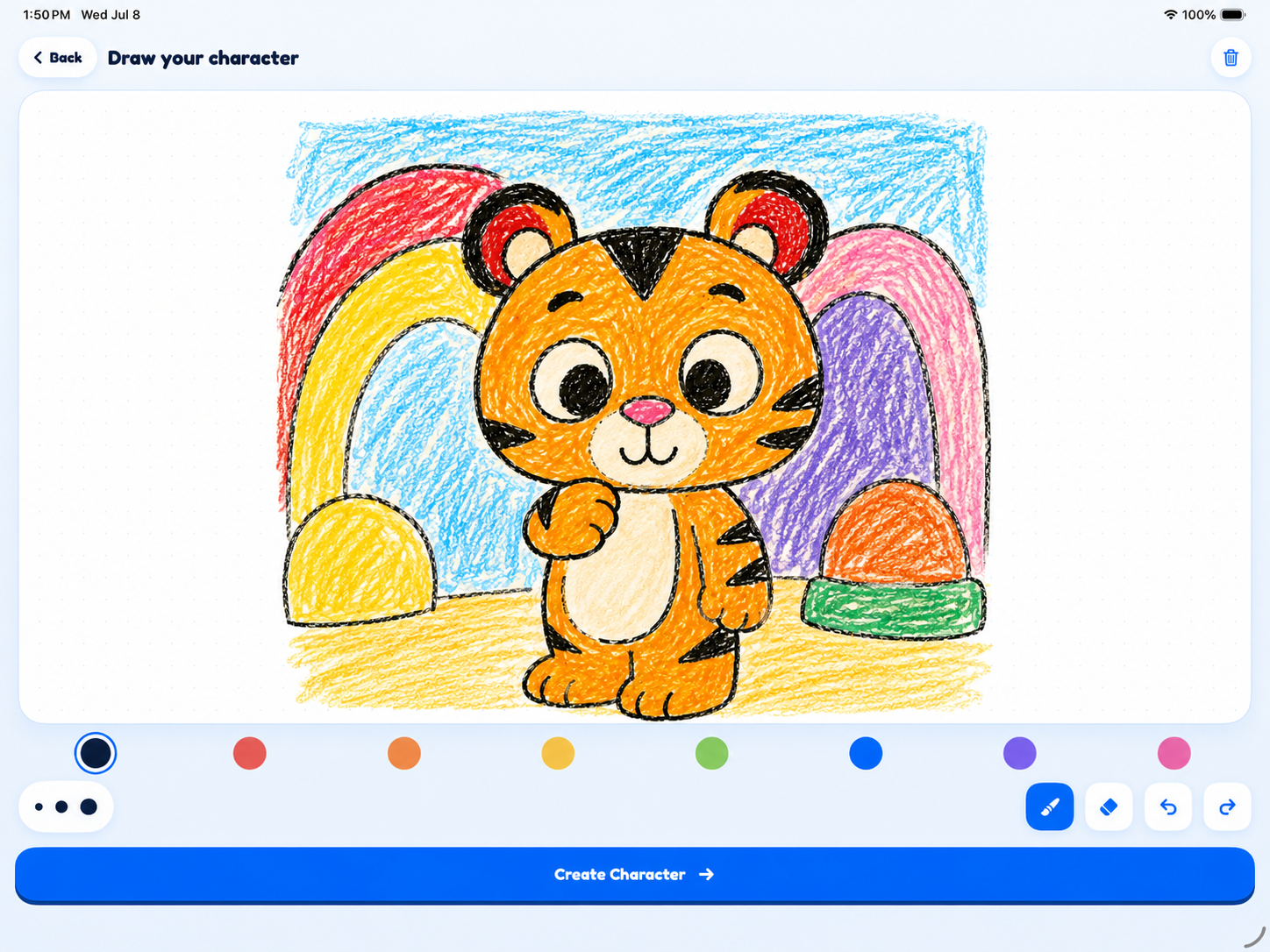 A child's crayon drawing of Zippy the tiger in the Pixley drawing screen